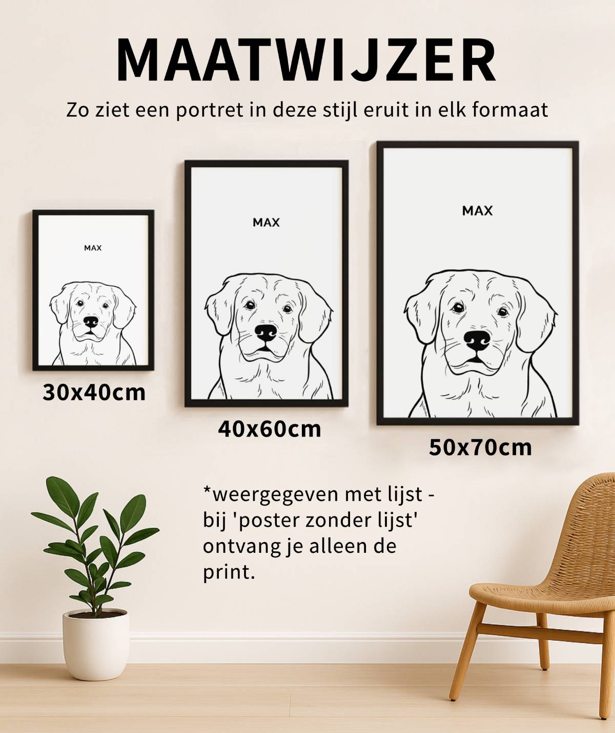 Maatwijzer met drie ingelijste line art-portretten van hond Max in 30x40cm, 40x60cm en 50x70cm, met plant en stoel ter referentie