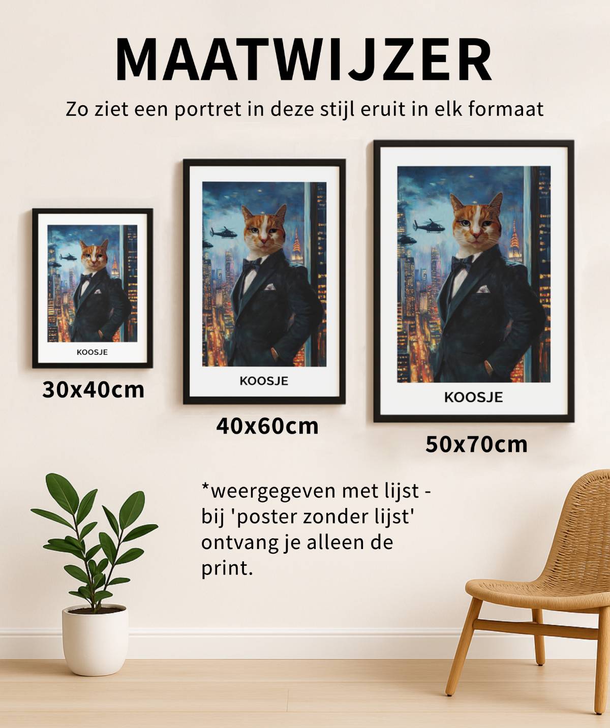 Maatwijzer met drie ingelijste ‘Geheim agent’-posters van kat Koosje in de formaten 30x40cm, 40x60cm en 50x70cm, weergegeven aan de muur
