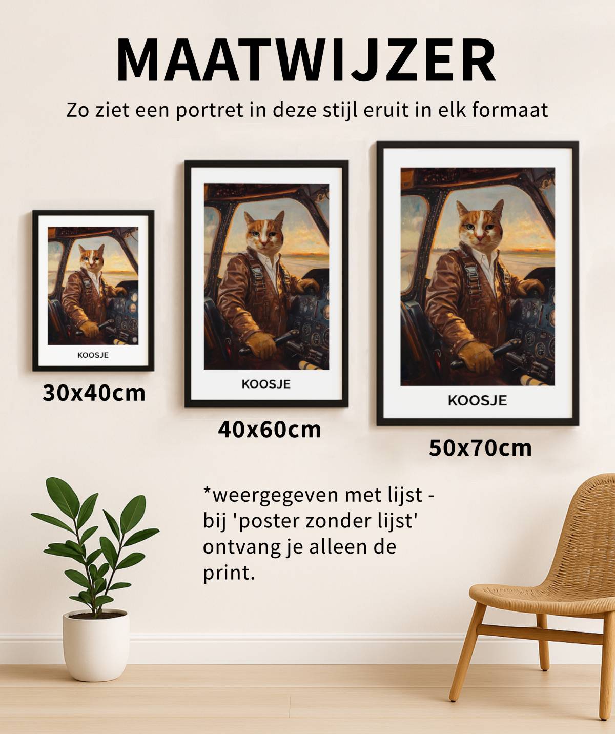 Maatwijzer met drie ingelijste pilotenposters van kat Koosje in de formaten 30x40cm, 40x60cm en 50x70cm, weergegeven aan de muur
