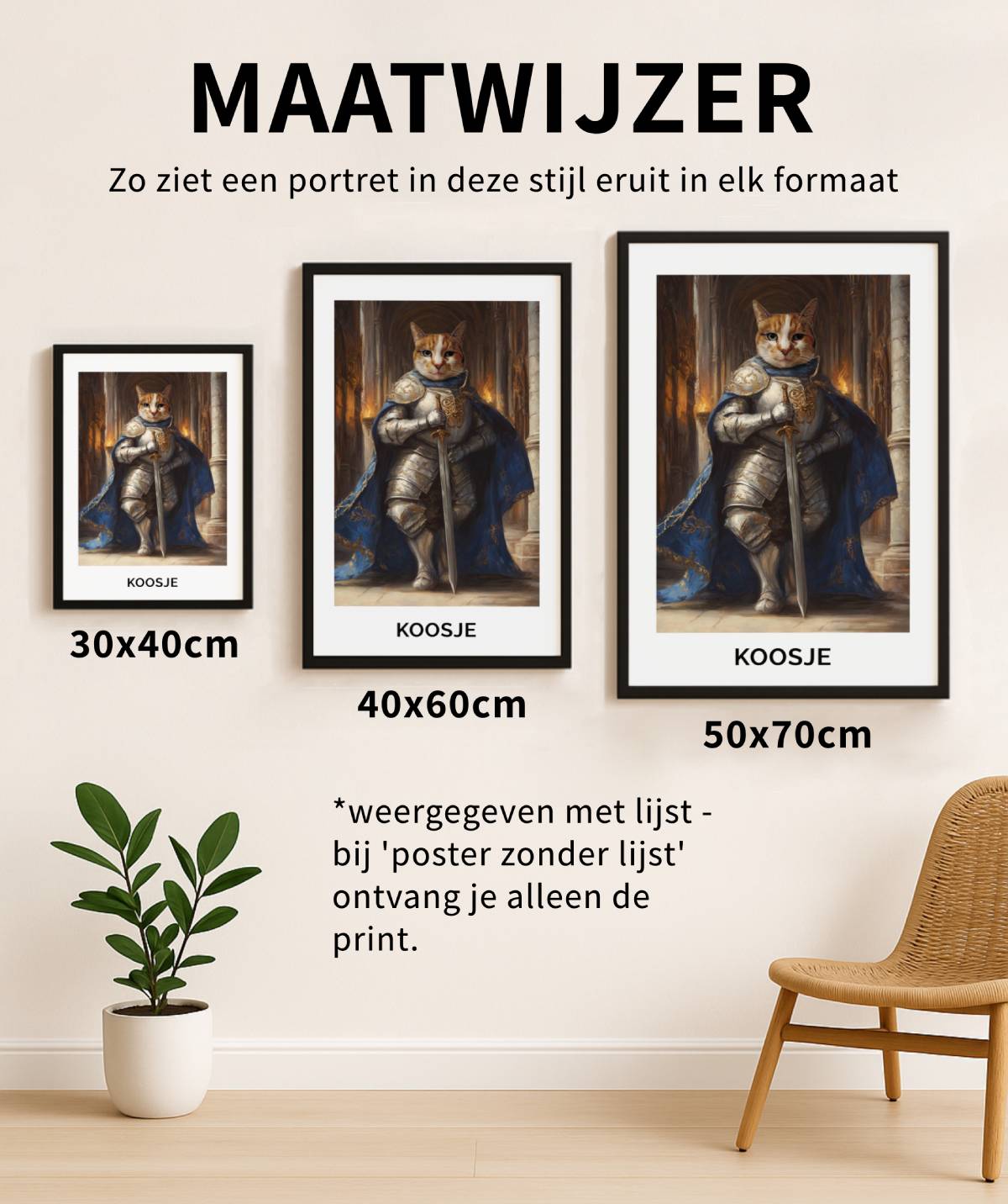 Maatwijzer met drie ingelijste ridderposters in olieverfstijl van kat Koosje, in de formaten 30x40cm, 40x60cm en 50x70cm, weergegeven aan de muur