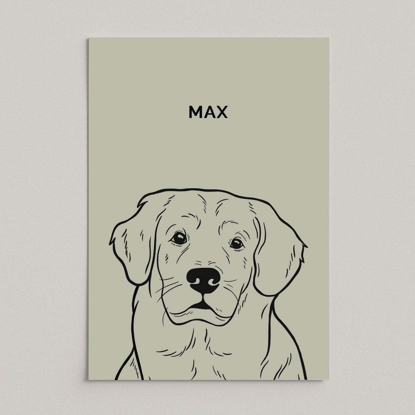 Line art-portret van hond Max op een poster zonder lijst, minimalistische zwart-wit illustratie met naam erboven, saliegroene achtergrond