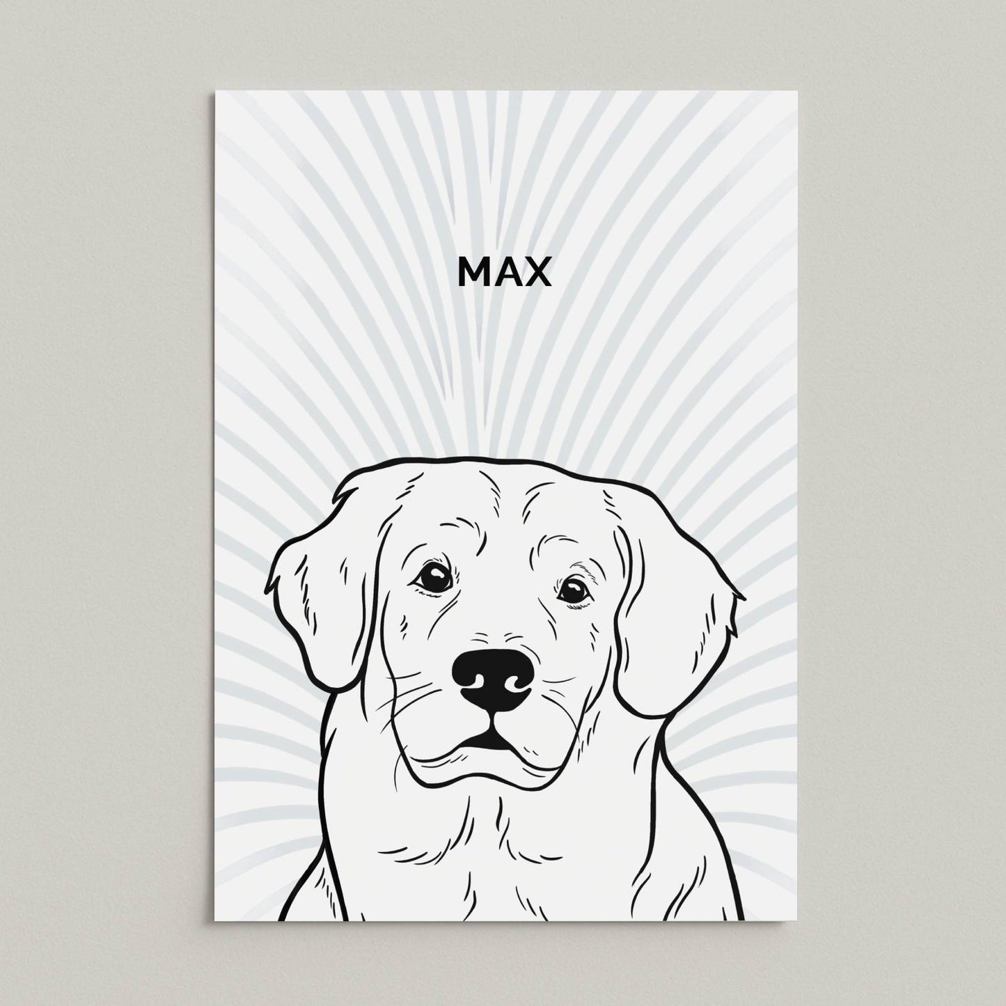 Line art-portret van hond Max op een poster zonder lijst, minimalistische zwart-wit illustratie met naam erboven, blauwgrijs grafisch patroon als achtergrond