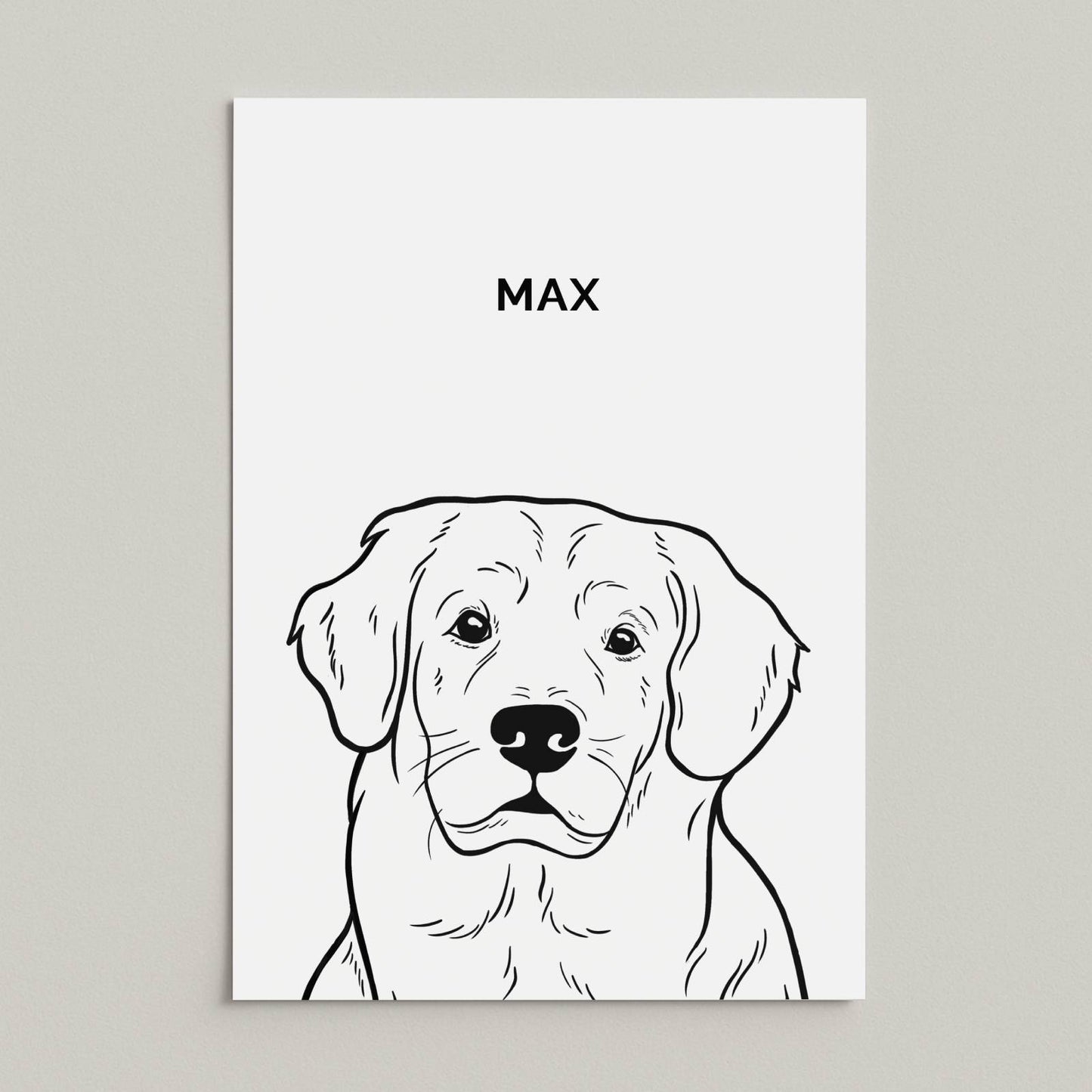 Line art-portret van hond Max op een poster zonder lijst, minimalistische zwart-wit illustratie met naam erboven, gebrokken witte achtergrond