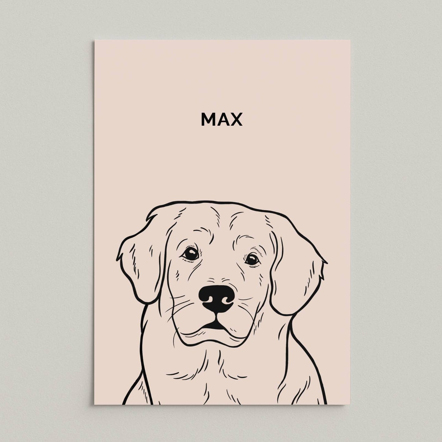 Line art-portret van hond Max op een poster zonder lijst, minimalistische zwart-wit illustratie met naam erboven, zalmroze achtergrond
