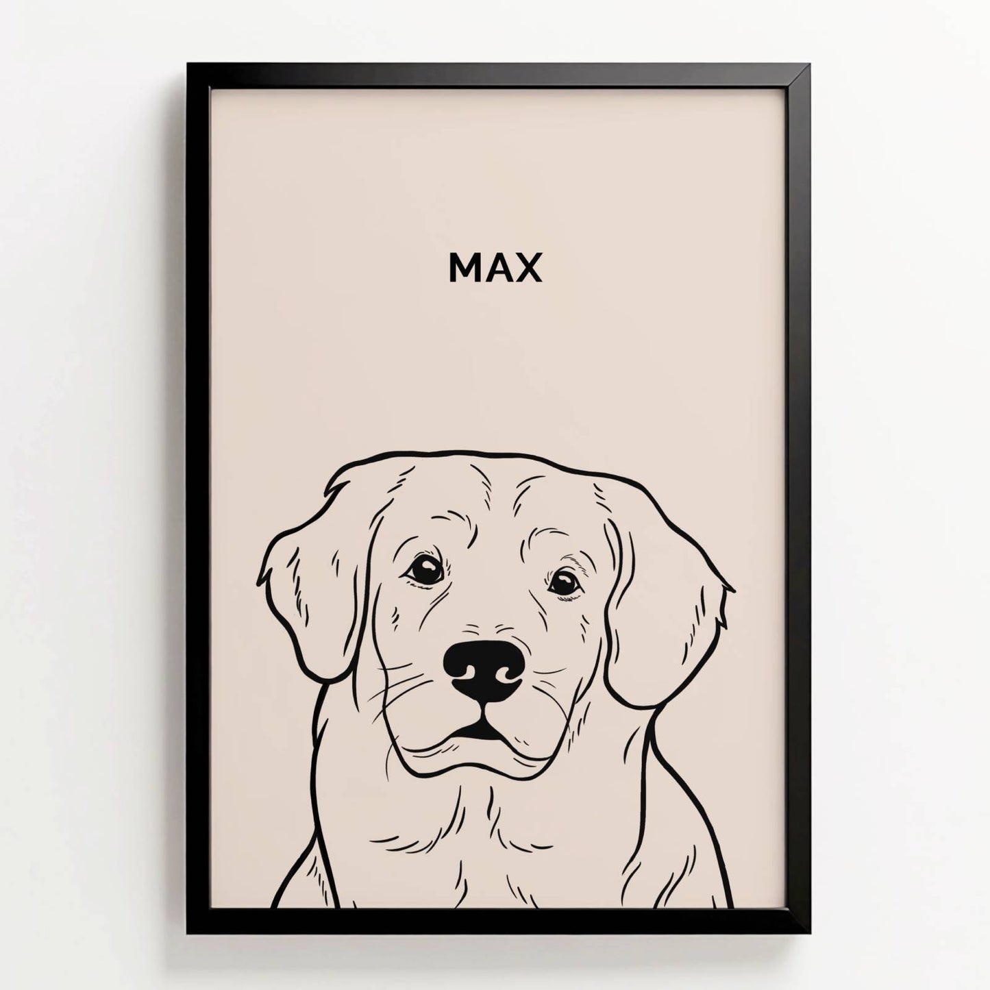 Line art-portret van hond Max in zwarte lijst, minimalistische zwart-wit illustratie met naam erboven, zalmroze achtergrond