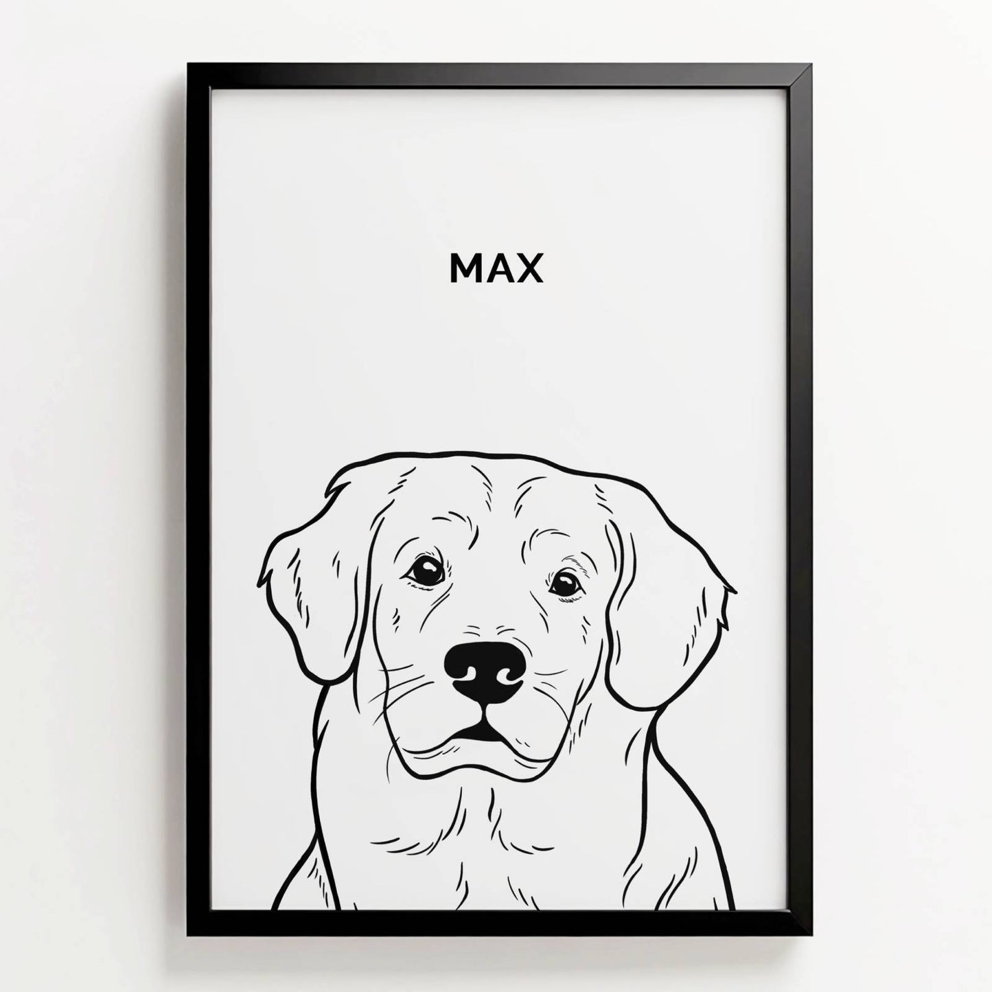Line art-portret van hond Max in zwarte lijst, minimalistische zwart-wit illustratie met naam erboven, gebroken witte achtergrond