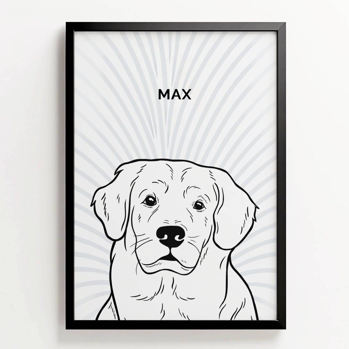 Line art-portret van hond Max in zwarte lijst, minimalistische zwart-wit illustratie met naam erboven, blauwgrijs grafisch patroon als achtergrond