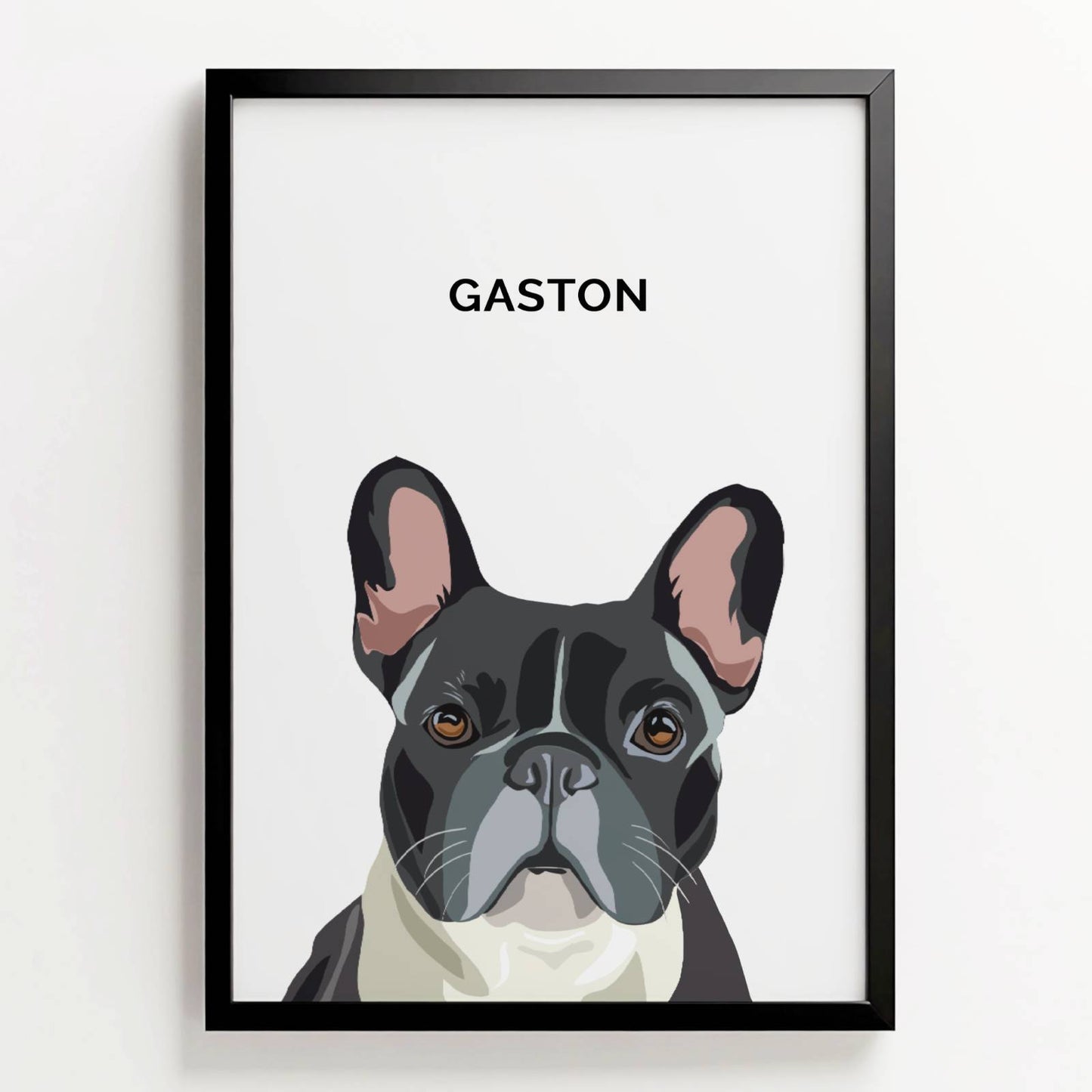Ingelijste poster in digitale illustratiestijl van Franse bulldog Gaston, met naam in strakke letters boven het portret