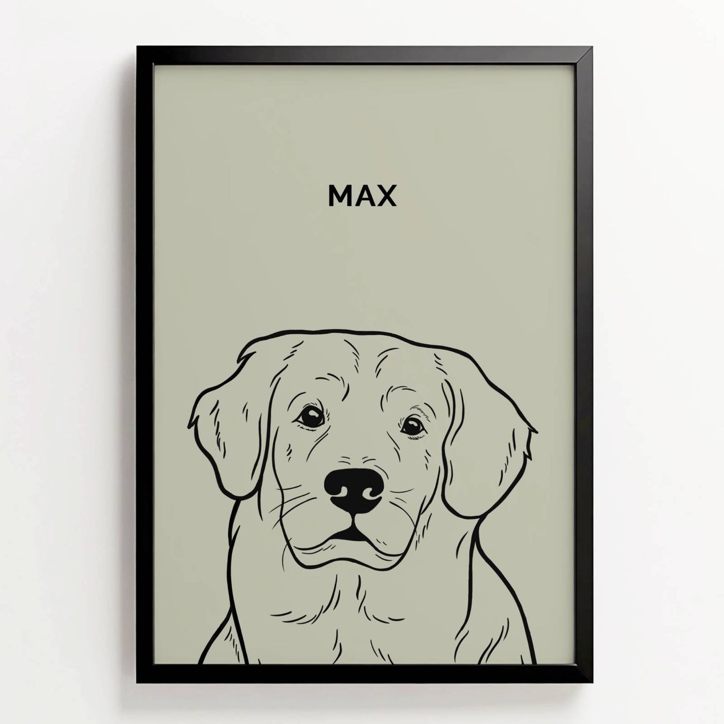 Line art-portret van hond Max in zwarte lijst, minimalistische zwart-wit illustratie met naam erboven, saliegroene achtergrond