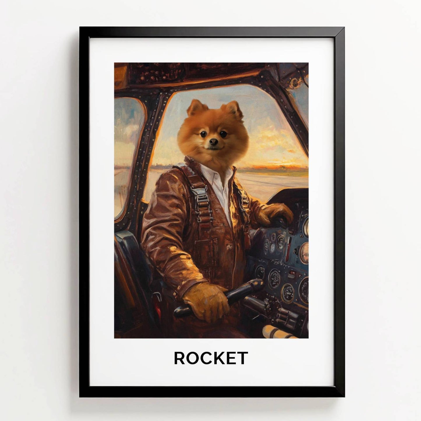 Ingelijste pilotenposter van hond Rocket in vintage cockpit met zonsondergang, met naam onder het portret
