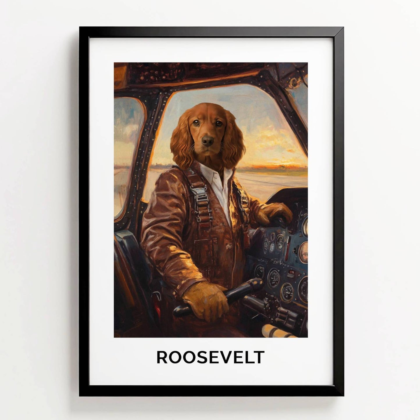 Ingelijste pilotenposter van hond Roosevelt in cockpit bij zonsondergang, met naam onder het portret