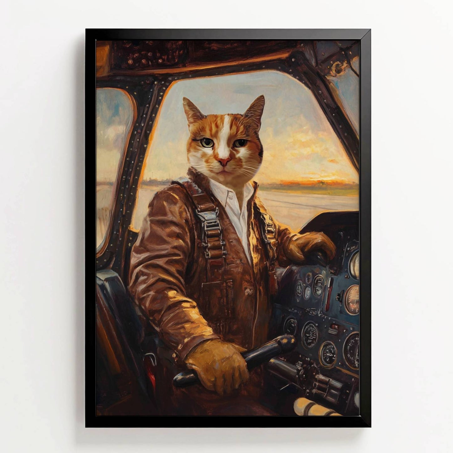 Pilotenportret van kat in cockpit bij zonsondergang, ingelijste poster zonder naam