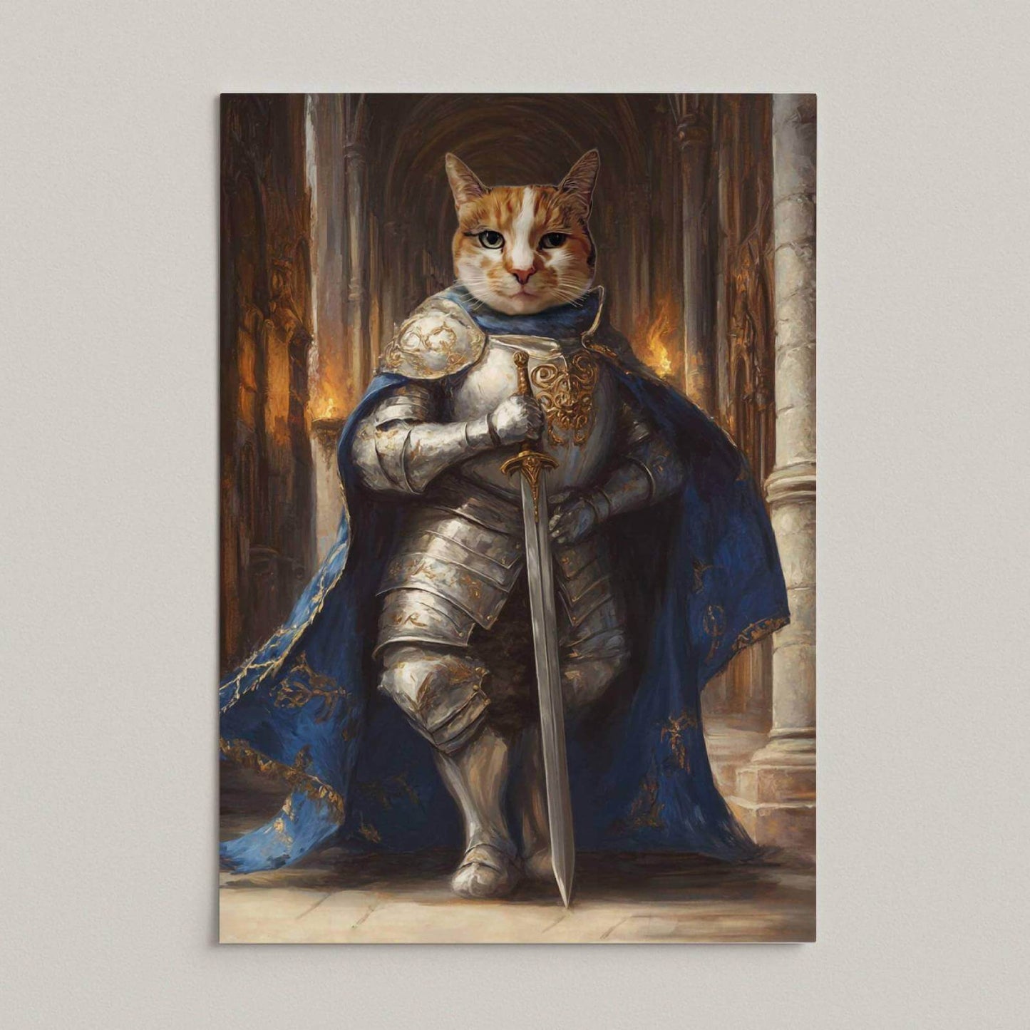 Poster zonder lijst in olieverfstijl van kat Koosje als ridder in harnas met zwaard, zonder naam onder het portret