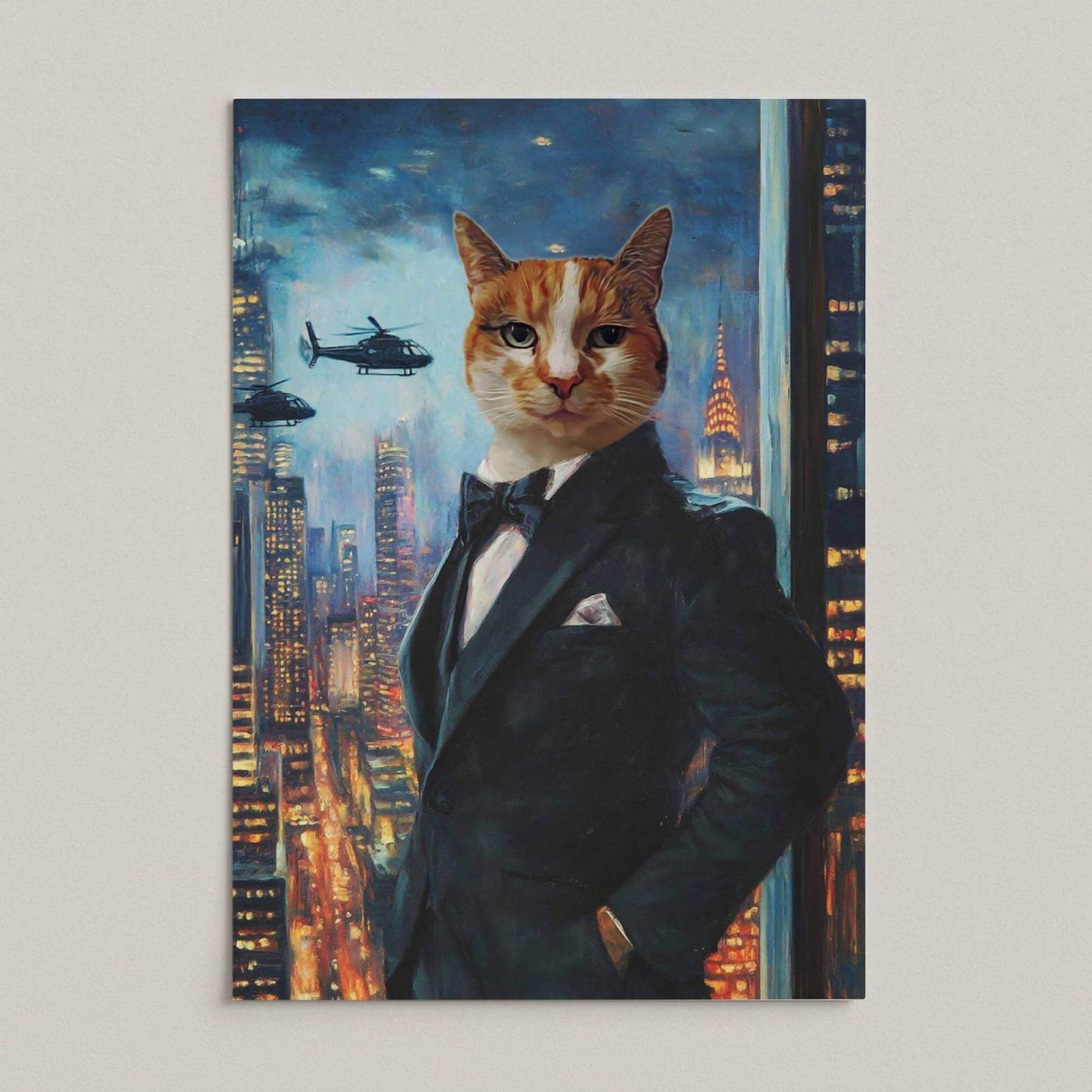 Poster in ‘Geheim agent’-stijl van kat in smoking met nachtelijke stad en helikopters, zonder lijst en zonder naam