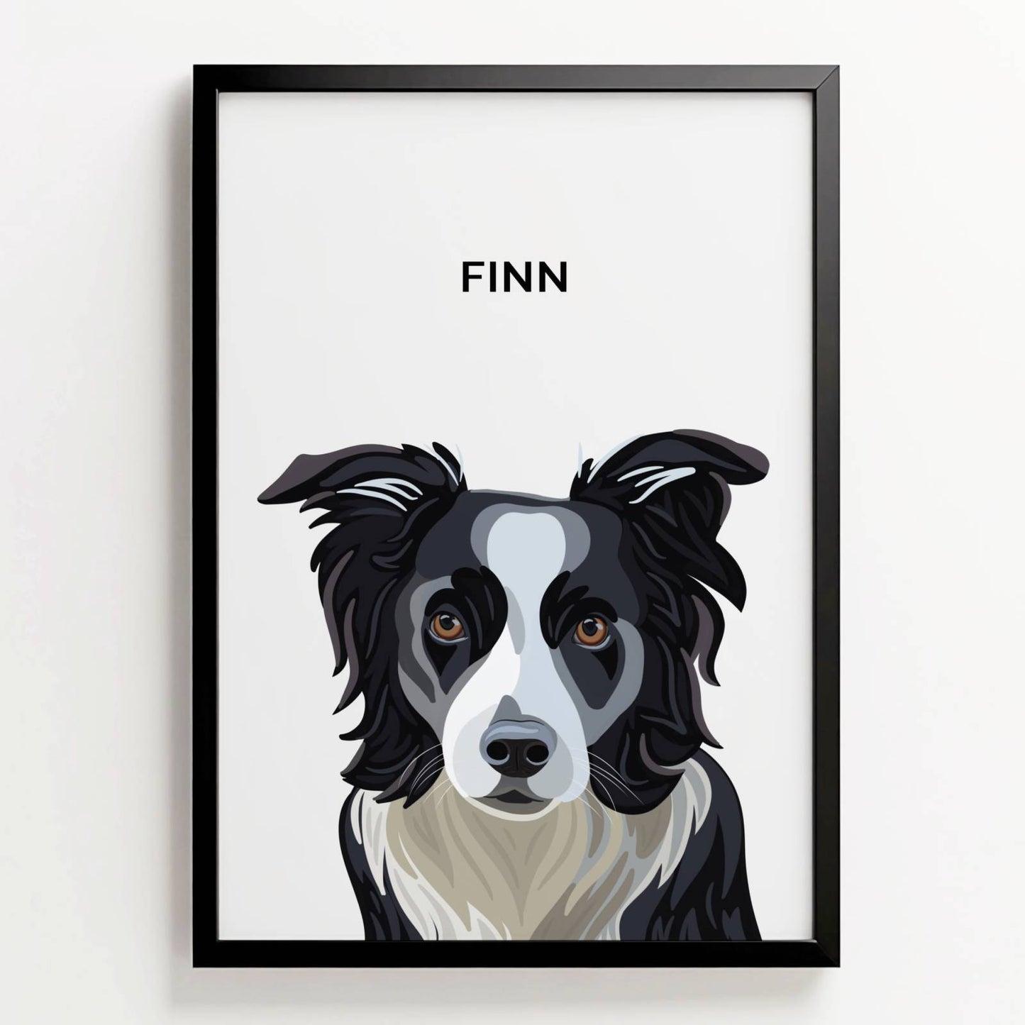 Ingelijste poster in digitale illustratiestijl van border collie Finn, met naam in strakke letters boven het portret