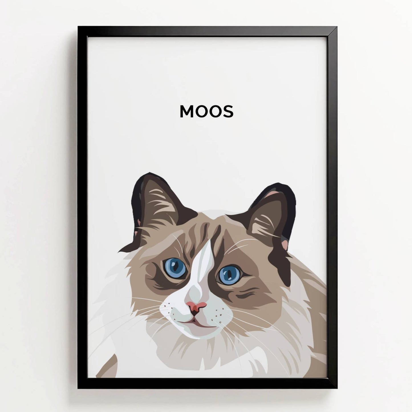Ingelijste poster in digitale illustratiestijl van kat Moos, met naam in strakke letters boven het portret