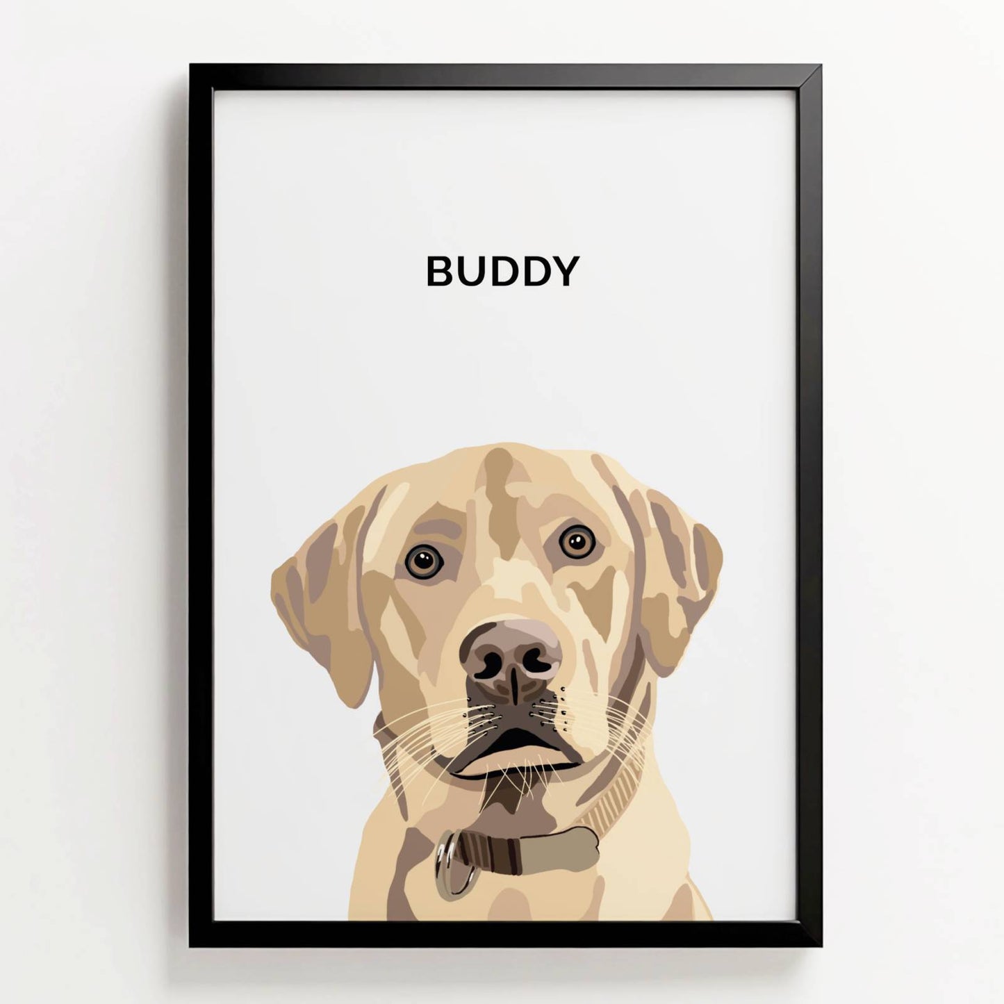 Ingelijste poster in digitale illustratiestijl van labrador Buddy, met naam in strakke letters boven het portret
