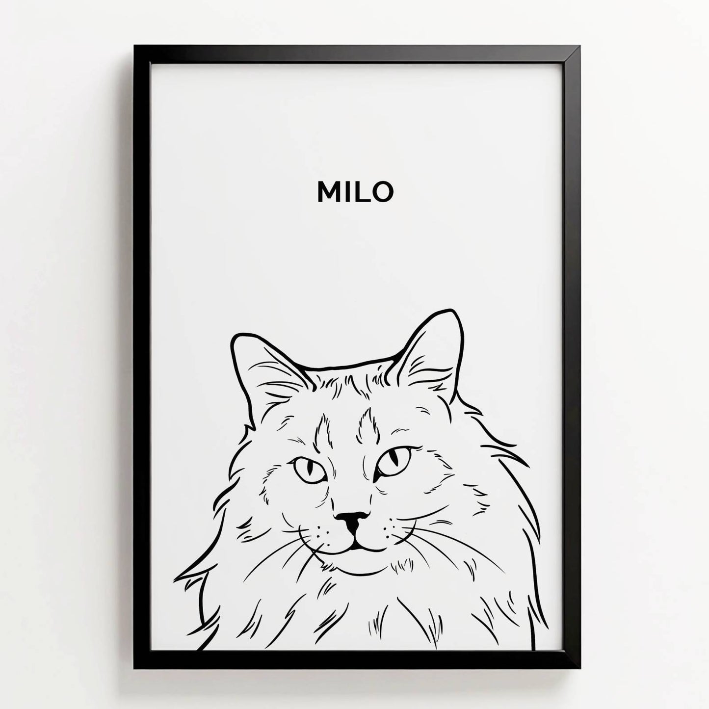 Zwart-wit lijntekening van kat Milo met volle vacht in zwarte lijst, met naam erboven