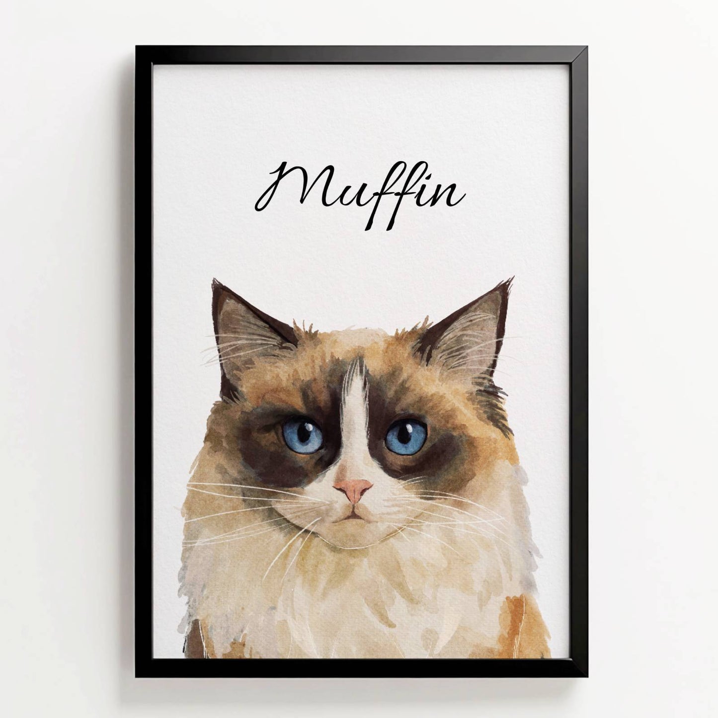 Ingelijste waterverfposter van kat Muffin, met naam in sierlijke letters boven het portret