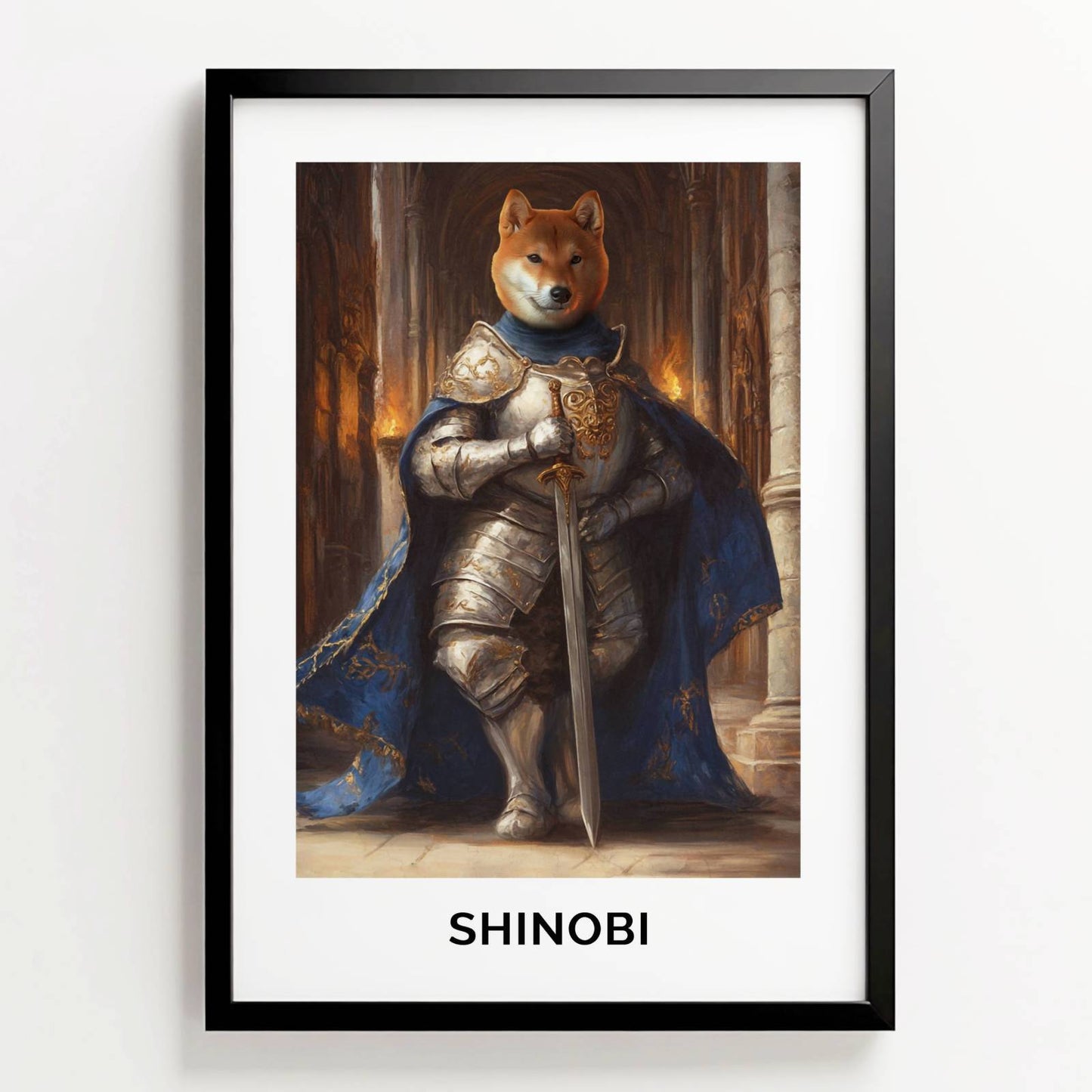 Ingelijste poster in olieverfstijl van Shiba Inu Shinobi als ridder in harnas met zwaard, met naam onder het portret