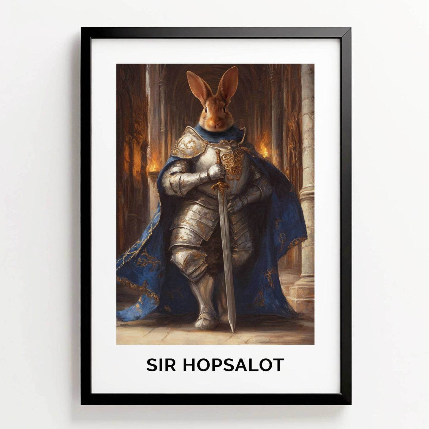 Ingelijste poster in olieverfstijl van konijn Sir Hopsalot als ridder in harnas met zwaard, met naam onder het portret