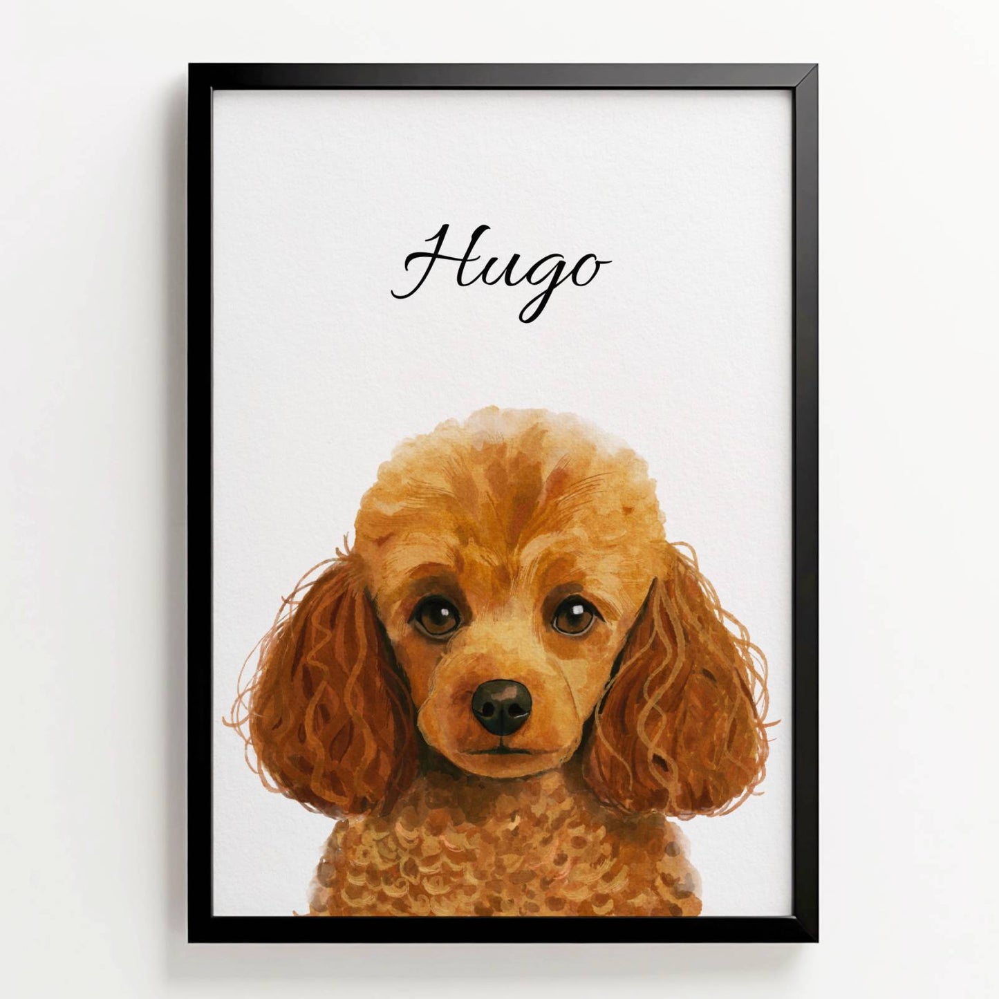 Ingelijste waterverfposter van poedel Hugo, met naam in sierlijke letters boven het portret