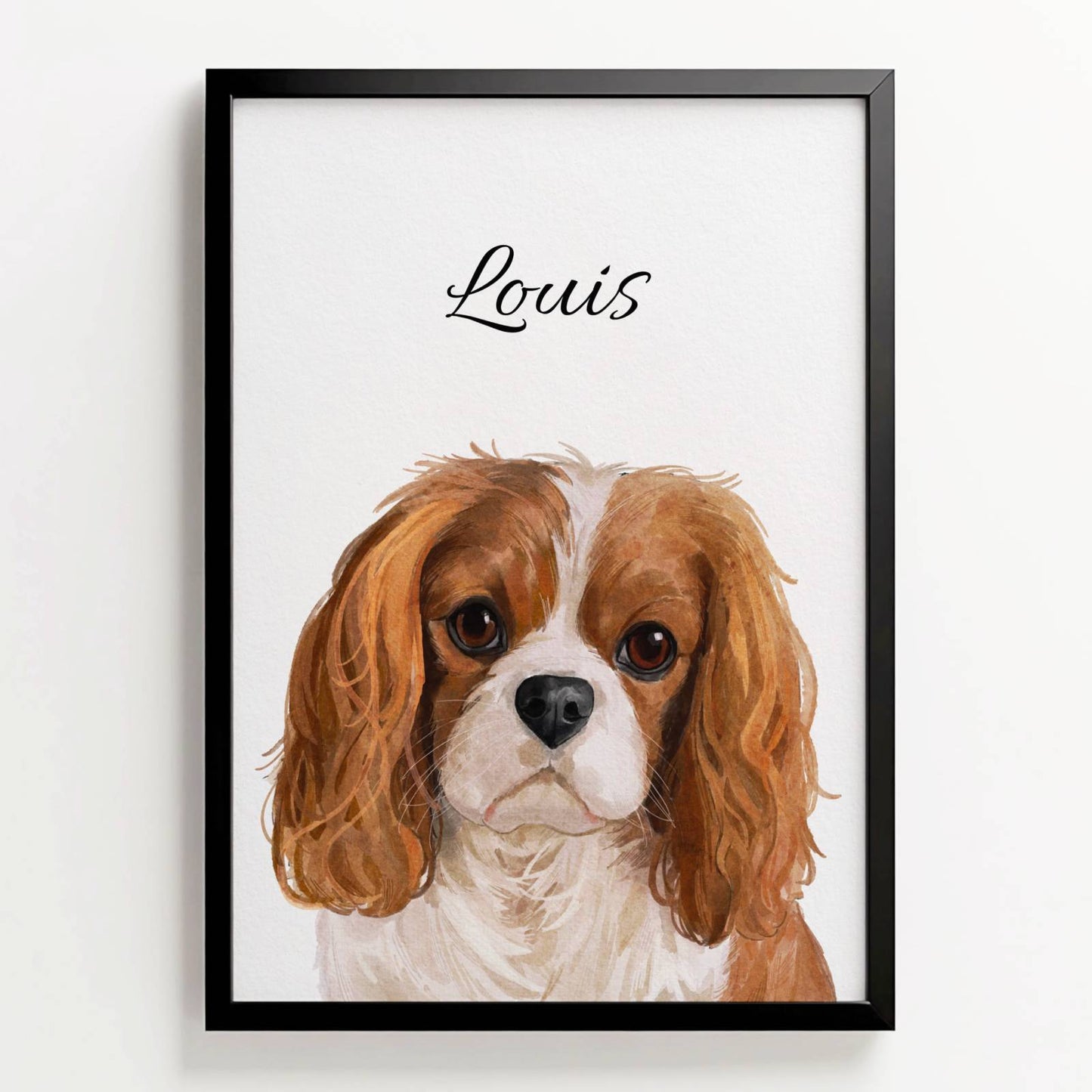 Ingelijste waterverfposter van hond Louis, met naam in sierlijke letters boven het portret