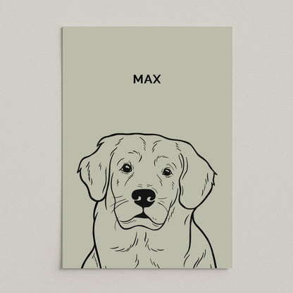 Line art-portret van hond Max op een poster zonder lijst, minimalistische zwart-wit illustratie met naam erboven, saliegroene achtergrond
