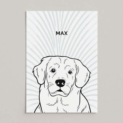 Line art-portret van hond Max op een poster zonder lijst, minimalistische zwart-wit illustratie met naam erboven, blauwgrijs grafisch patroon als achtergrond