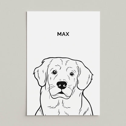 Line art-portret van hond Max op een poster zonder lijst, minimalistische zwart-wit illustratie met naam erboven, gebrokken witte achtergrond