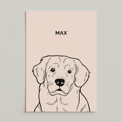 Line art-portret van hond Max op een poster zonder lijst, minimalistische zwart-wit illustratie met naam erboven, zalmroze achtergrond