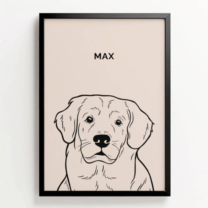 Line art-portret van hond Max in zwarte lijst, minimalistische zwart-wit illustratie met naam erboven, zalmroze achtergrond