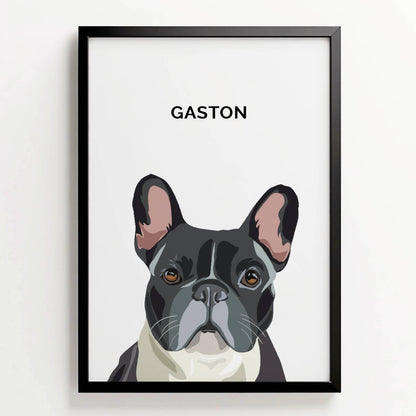 Ingelijste poster in digitale illustratiestijl van Franse bulldog Gaston, met naam in strakke letters boven het portret