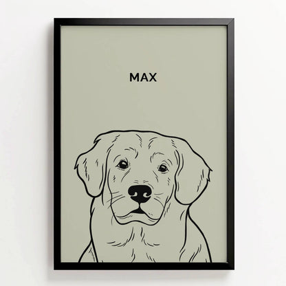 Line art-portret van hond Max in zwarte lijst, minimalistische zwart-wit illustratie met naam erboven, saliegroene achtergrond