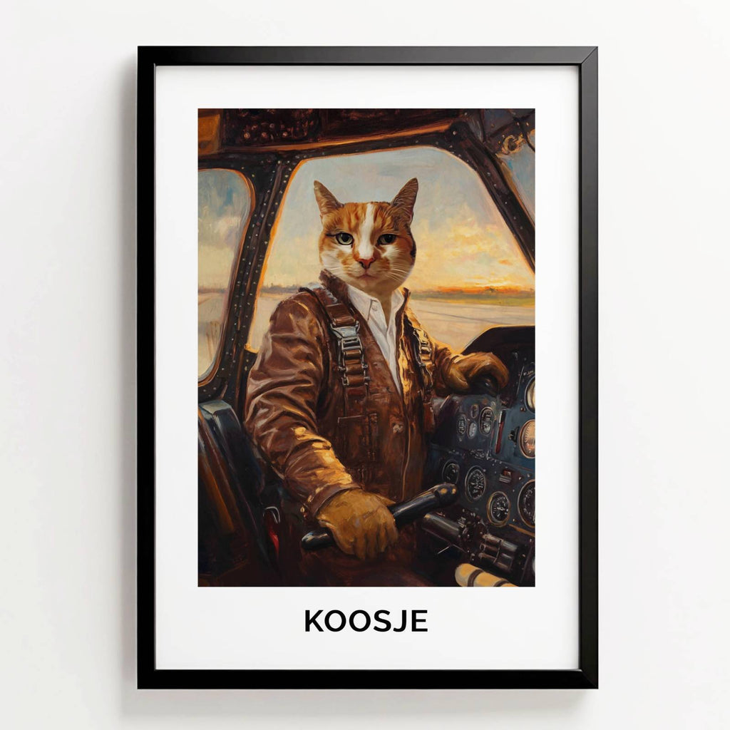 Ingelijste pilotenposter van kat Koosje in vintage cockpit met zonsondergang op de achtergrond