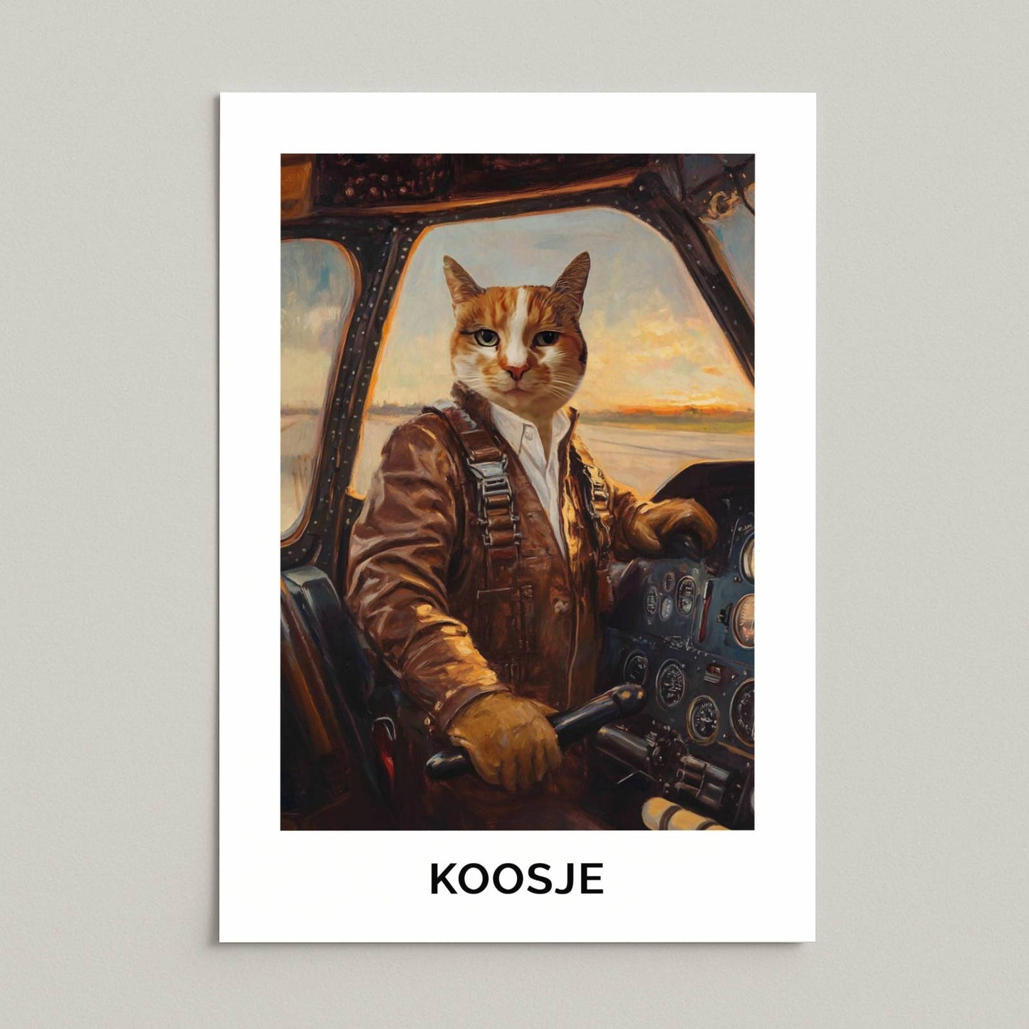 Pilotenposter van kat Koosje zonder lijst, met naam onder het portret