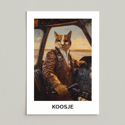 Pilotenposter van kat Koosje zonder lijst, met naam onder het portret