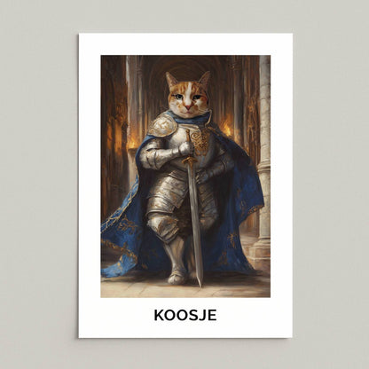 Poster zonder lijst in olieverfstijl van kat Koosje als ridder in harnas met zwaard, met naam onder het portret