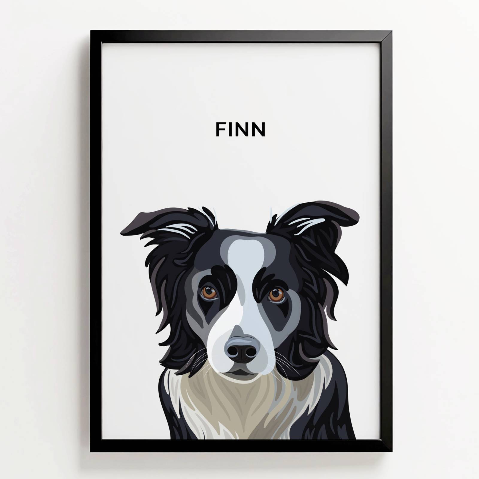 Ingelijste poster in digitale illustratiestijl van border collie Finn, met naam in strakke letters boven het portret
