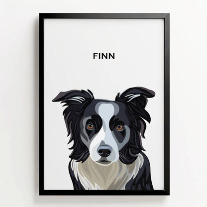 Ingelijste poster in digitale illustratiestijl van border collie Finn, met naam in strakke letters boven het portret