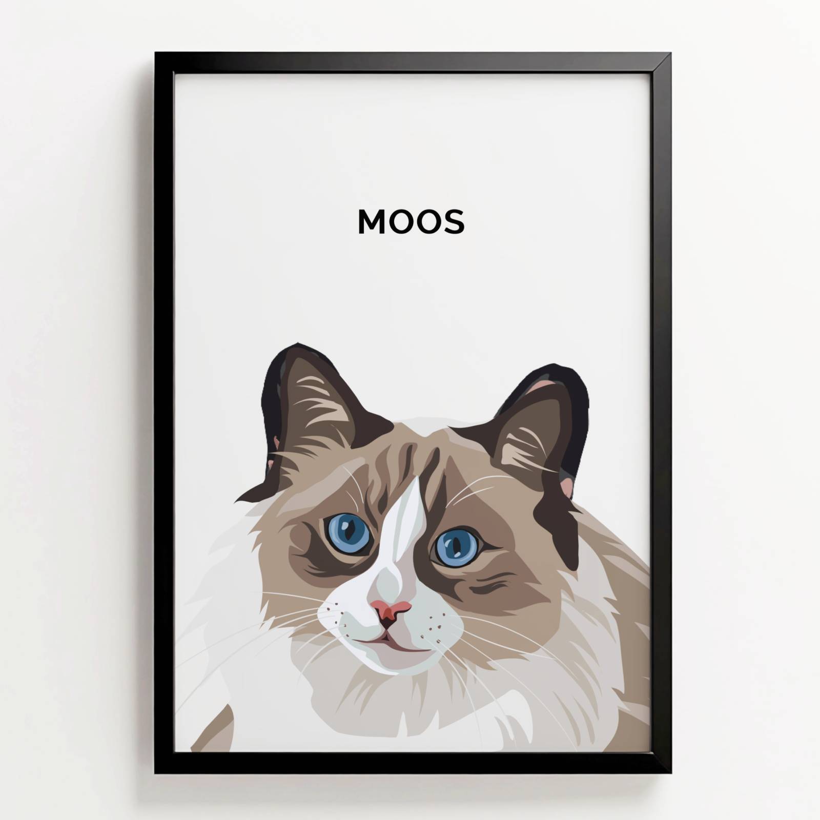 Ingelijste poster in digitale illustratiestijl van kat Moos, met naam in strakke letters boven het portret