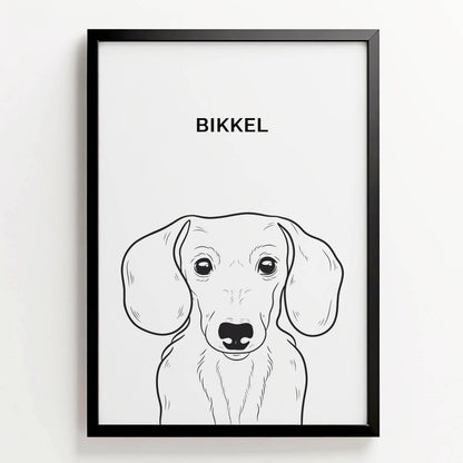 Minimalistisch zwart-wit lijnportret van teckel Bikkel in zwarte lijst, met naam erboven