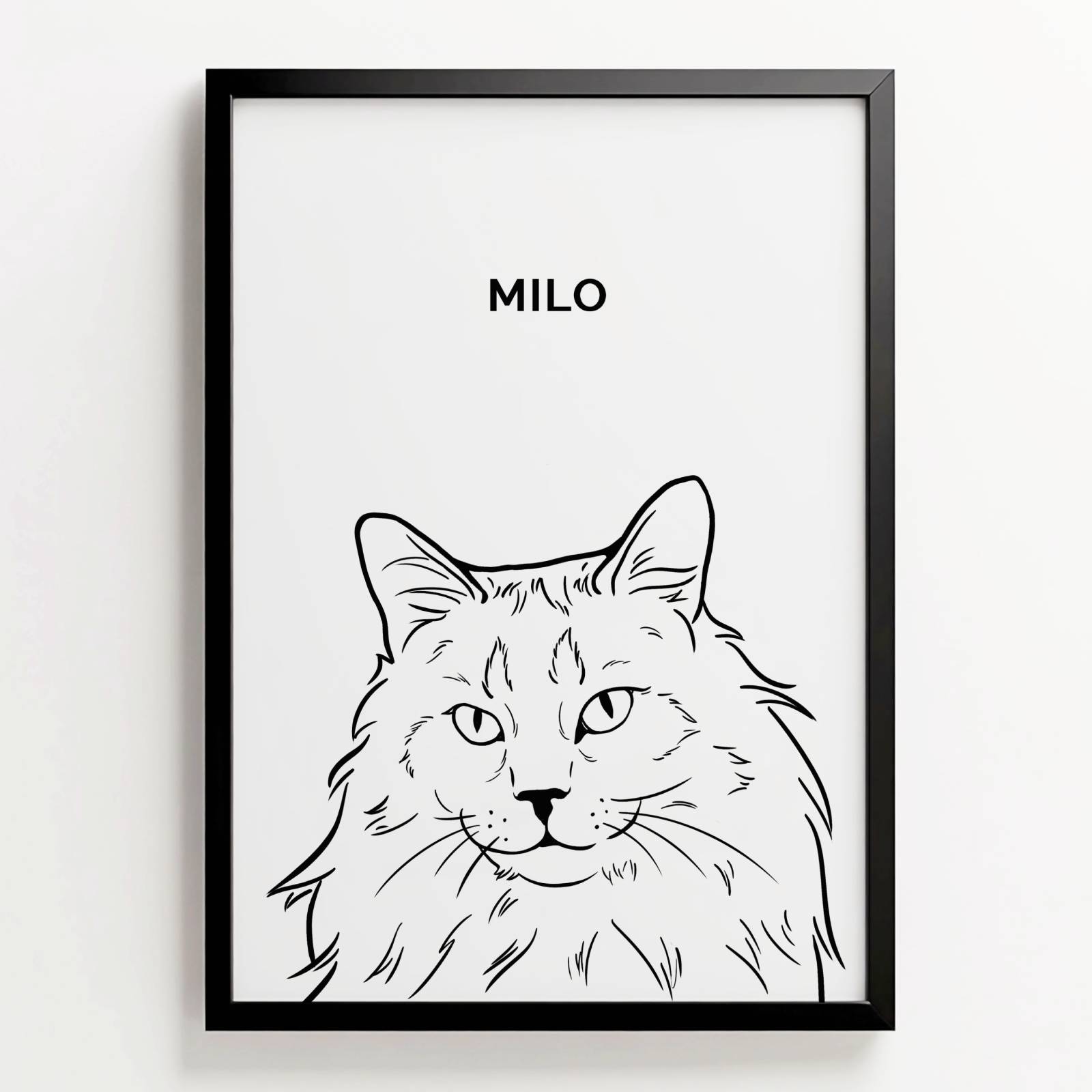 Zwart-wit lijntekening van kat Milo met volle vacht in zwarte lijst, met naam erboven