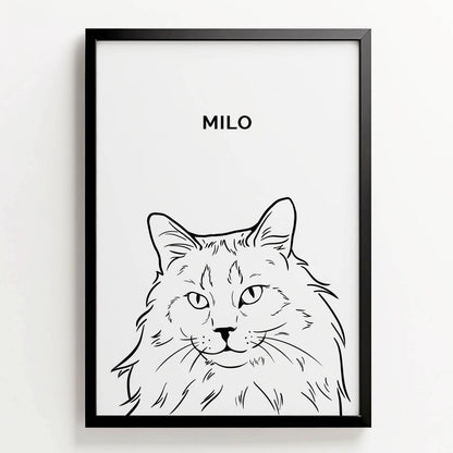 Zwart-wit lijntekening van kat Milo met volle vacht in zwarte lijst, met naam erboven