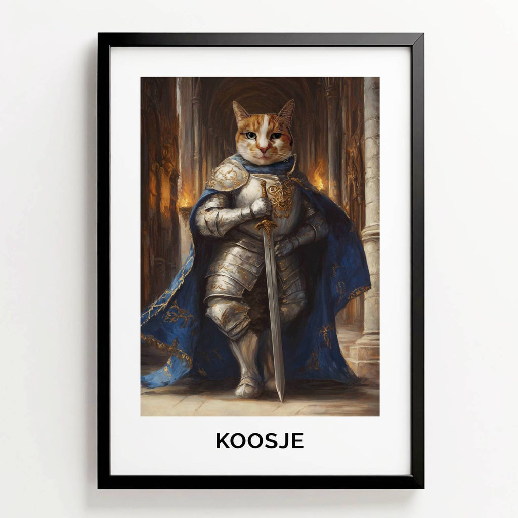 Ingelijste poster in olieverfstijl van kat Koosje als ridder in harnas met zwaard, met naam onder het portret
