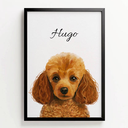 Ingelijste waterverfposter van poedel Hugo, met naam in sierlijke letters boven het portret